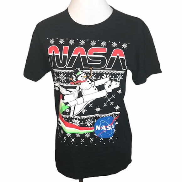 Fifth Sun NASA Snowman Christmas T-Shirt, Black - Picture 1 of 7
